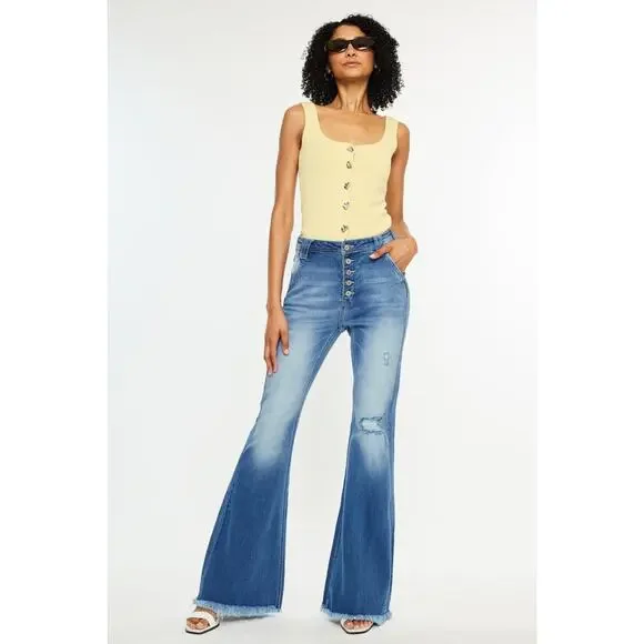 Kancan Medium Wash Distressed Raw Hem High Rise Sian Flare Jeans Size 25 - Picture 1 of 7